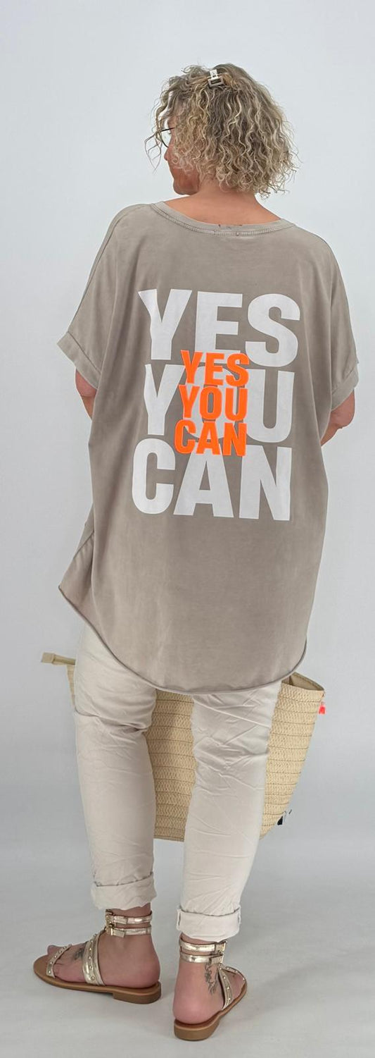 T-Shirt "Yes you can", stonewashed beige