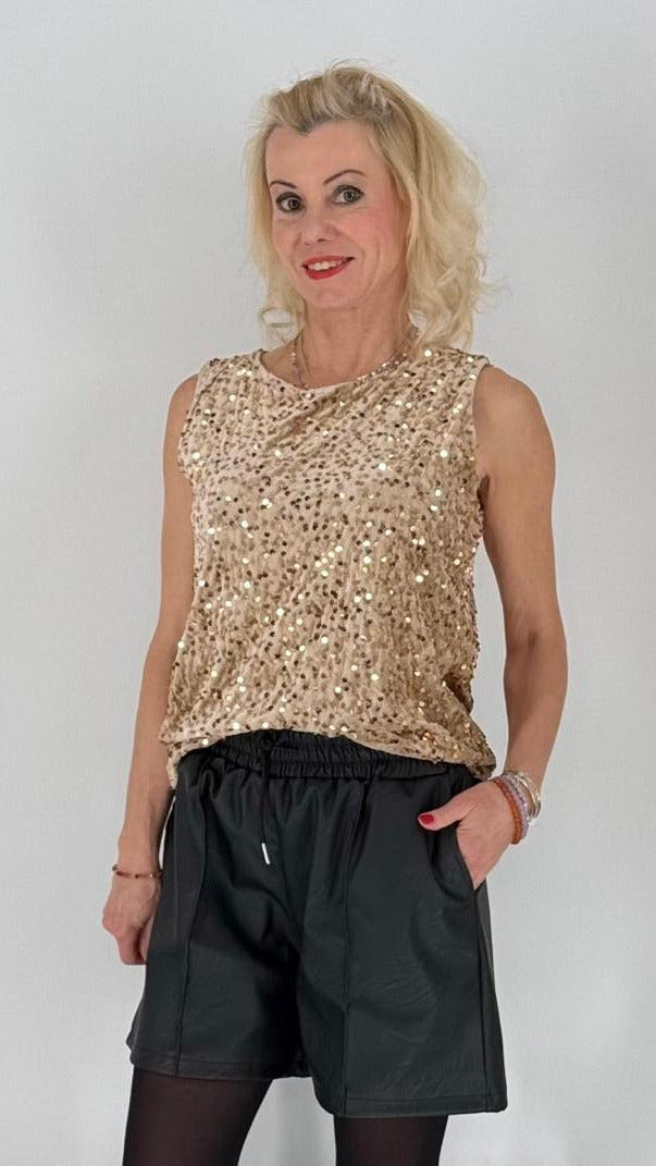 Paillettentop mit breiten Trägern, beige