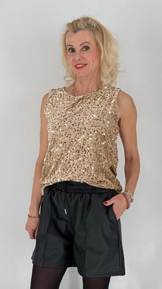 Paillettentop mit breiten Trägern, beige