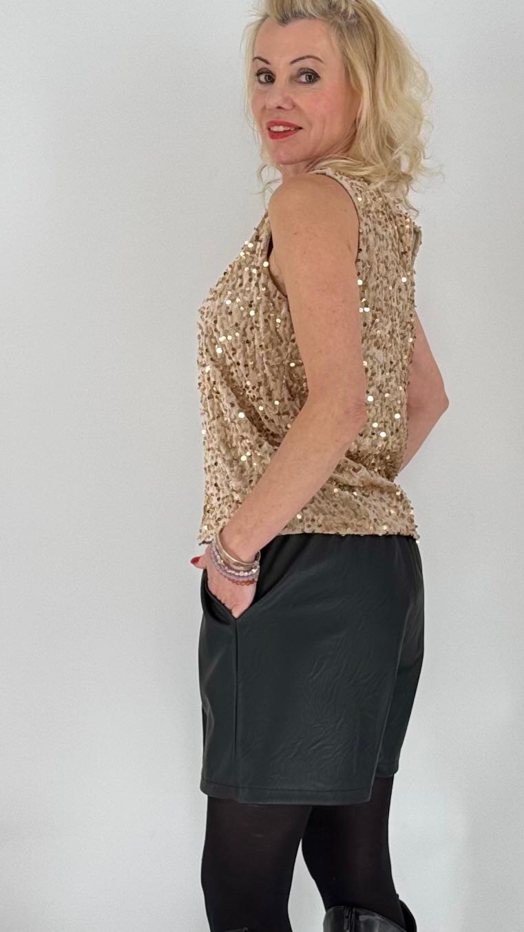 Paillettentop mit breiten Trägern, beige