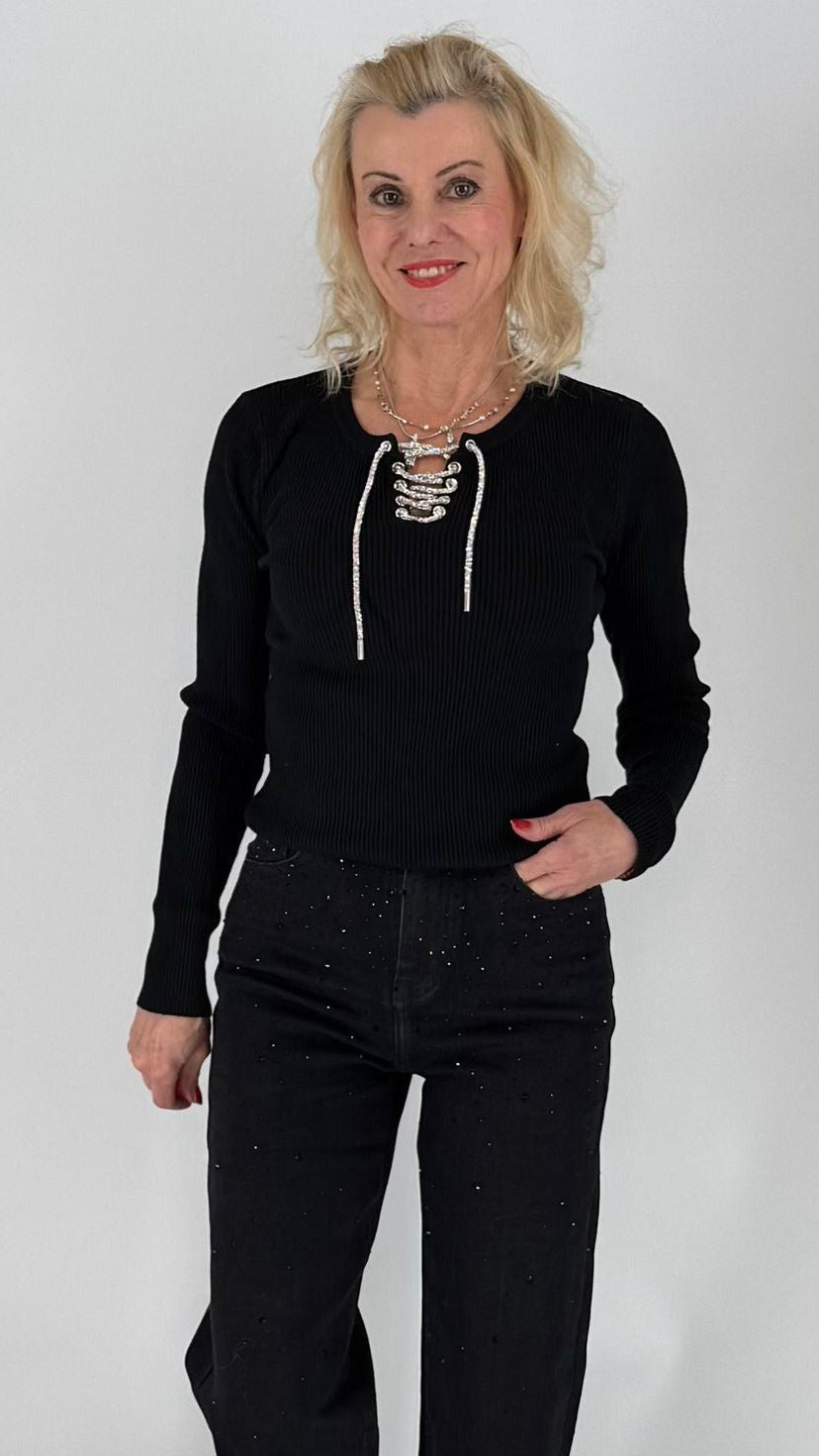 Pullover mit Strasskordel glitzer, schwarz